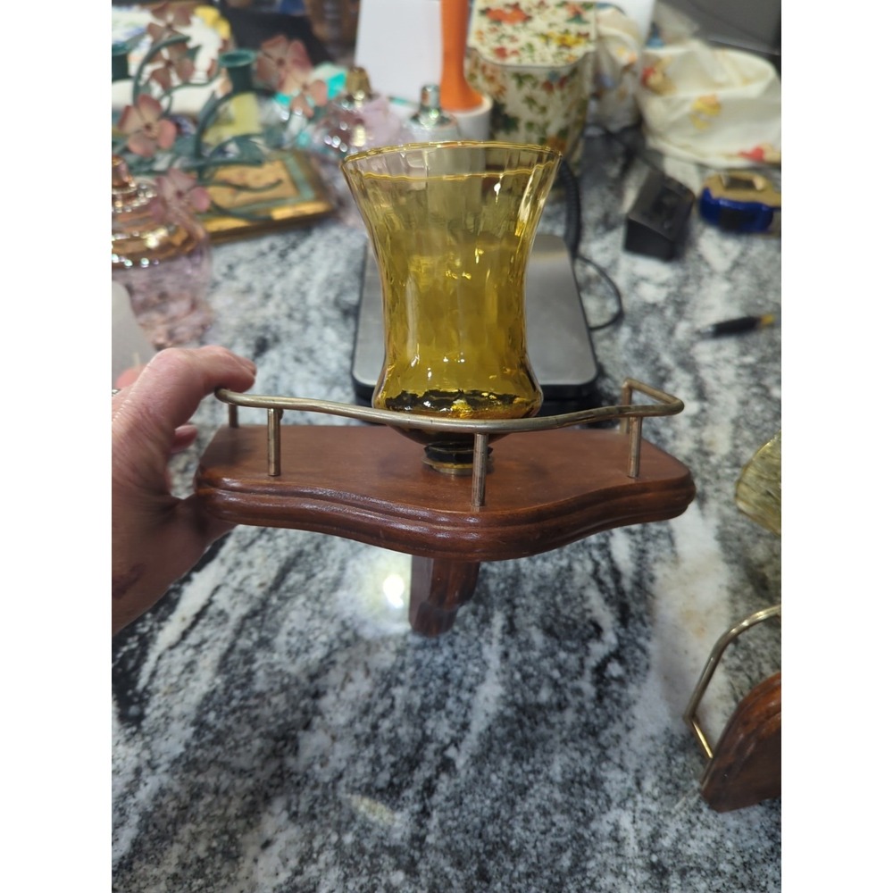 2 Vintage Homco Wood And Goldtone Brass Wall Sconce & Amber Candle Cups